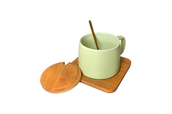 Carolina Ceramic Mug with Stainless Spoon, Wooden Lid and Coaster | 450ml