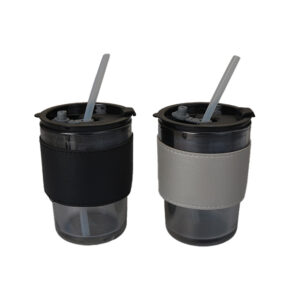 Zanzibar Glass Cup w/ Synthetic Leather Holder Spill-Proof Lid with Straw | 400ml