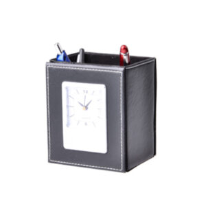Marcus Pen Holder in Synthetic Leather w/ Analog Clock & Photo Frame