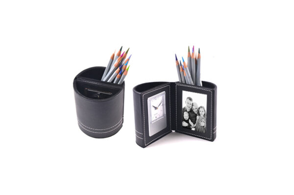 Adam Synthetic Leather Pen Holder w/ Clock & Photo Frame