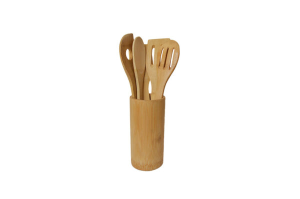 Ingrid Wooden Cutlery Set w/ Wooden Holder | Serving or Cooking Spoon | Fork | Spatula Safe for Non-Stick Pans