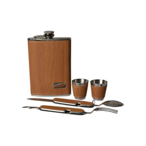 Ivy Stainless Liquor Flask Set with Wooden Accent Whiskey Flask | 2 Shot Glasses | Foldable Spoon & Fork