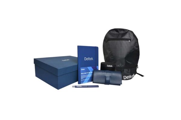 Panorama Work Ready Portfolio Set consists of Journal, Pen, Charger Roll Wireless Bluetooth Speaker, Backpack