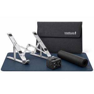 Alliance Work Essentials Set includes a Universal Travel Adapter Aluminum Laptop Stand and a Desk Mat in Synthetic Leather Padded Envelope