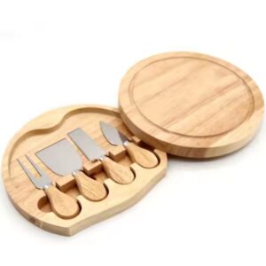 Remy Wooden Kitchen Accessory Set Includes a Round Cheese Board & 4 Knives