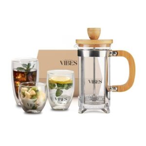 Sunray Gourmet Gift Set Includes Bamboo Coffee Press & Transparent Double-Wall Glass Cup
