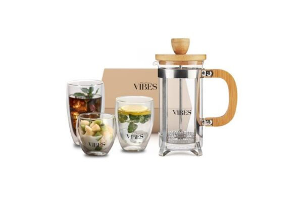 Sunray Gourmet Gift Set Includes Bamboo Coffee Press & Transparent Double-Wall Glass Cup