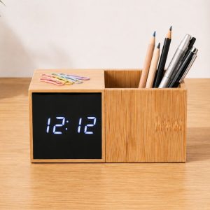 Binary Wooden Digital Desk Clock Organizer