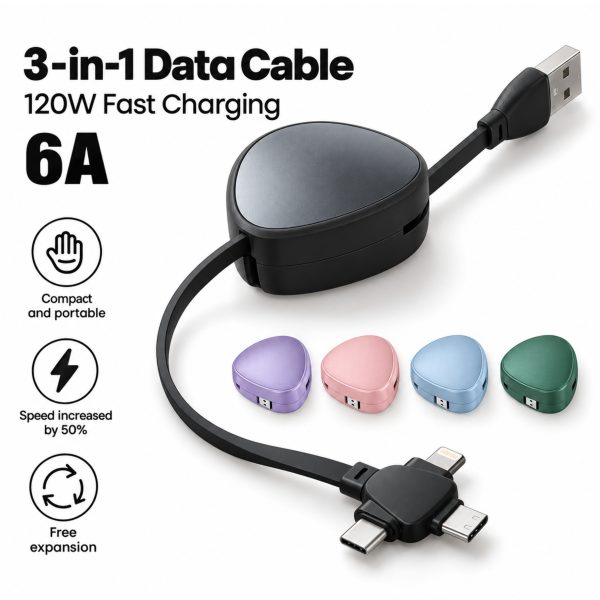 Stratus 3-in-1 retractable charging cable showing 120W fast charging, 6A output and multiple connector tips