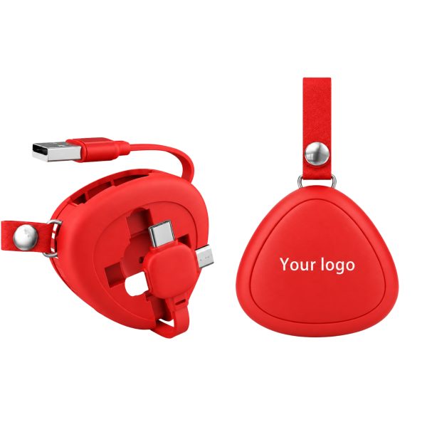 Red Stratus retractable 3-in-1 charging cable showing connector storage and front surface for custom company logo printing