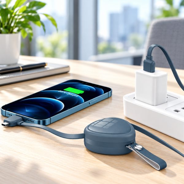 Compact retractable charging cable positioned for desk, travel or everyday mobile charging use