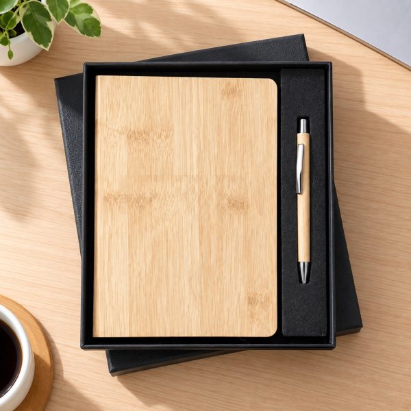 Bamboo notebook and matching wood pen arranged in a black presentation box