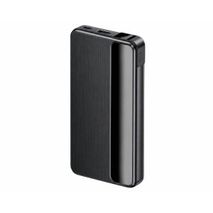 Black 10,000mAh power bank with front display area and charging ports