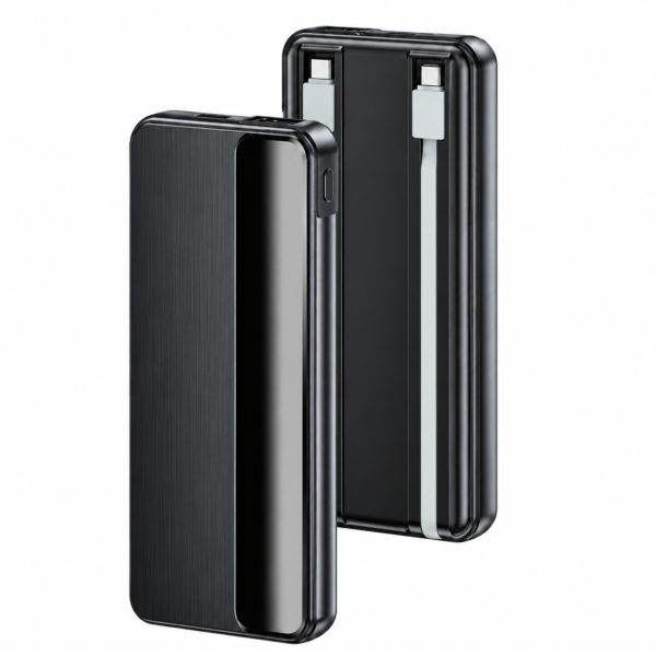 Rear view of 10,000mAh power bank showing built-in Type-C and Lightning cables